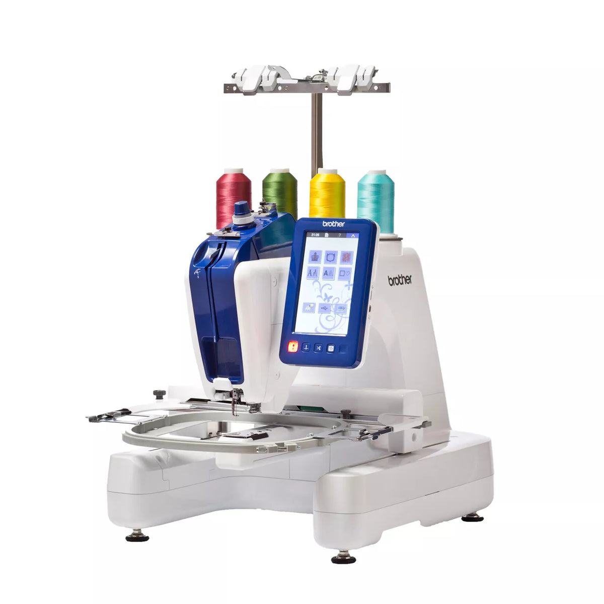Brother VR professional embroidery machine, left side view showing the cylinder arm used for cap embroidery